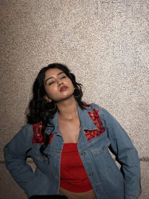 Dream Denim Jacket | Embroidery Jacket |Boho-Inspired Denim Jacket | Red Floral Lace Detailing | Embroidered Back | Unique Patchwork Design