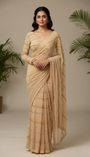 The Champagne Radiance Embellished Saree (Hand Embroidery)