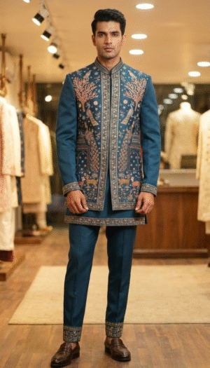 The Peacock Azure Bandhgala Set