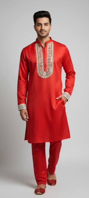 Crimson Royale Armani Satin Embroidered Kurta Set